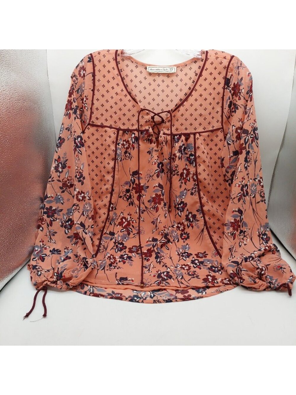 Abercrombie & Fitch Women Pink Mauve Floral Lace Up Peasant Shirt Size XS